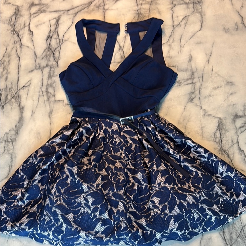 Crystal Doll Blue and White Halter Fit and Flare Prom Dress